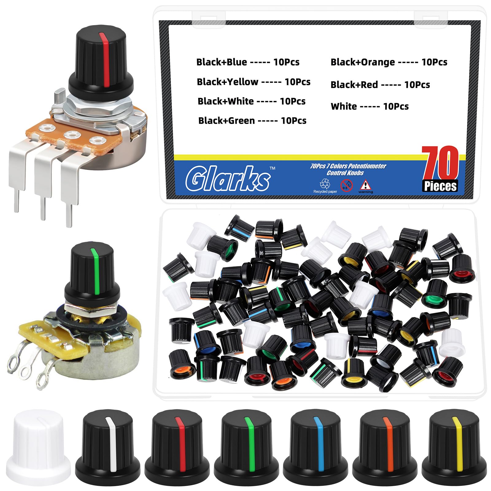 GLARKS 70pcs 5.8mm 7 Colors Potentiometer Control Knobs Kit, Rotary Knob, Volume Control Knob Encoder