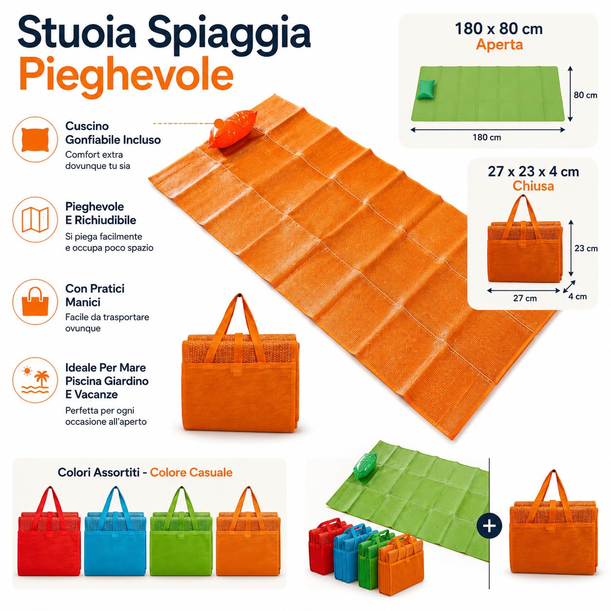 Stuoia Spiaggia Gonfiabile Pieghevole 180x80 cm con Cuscino e Manici
