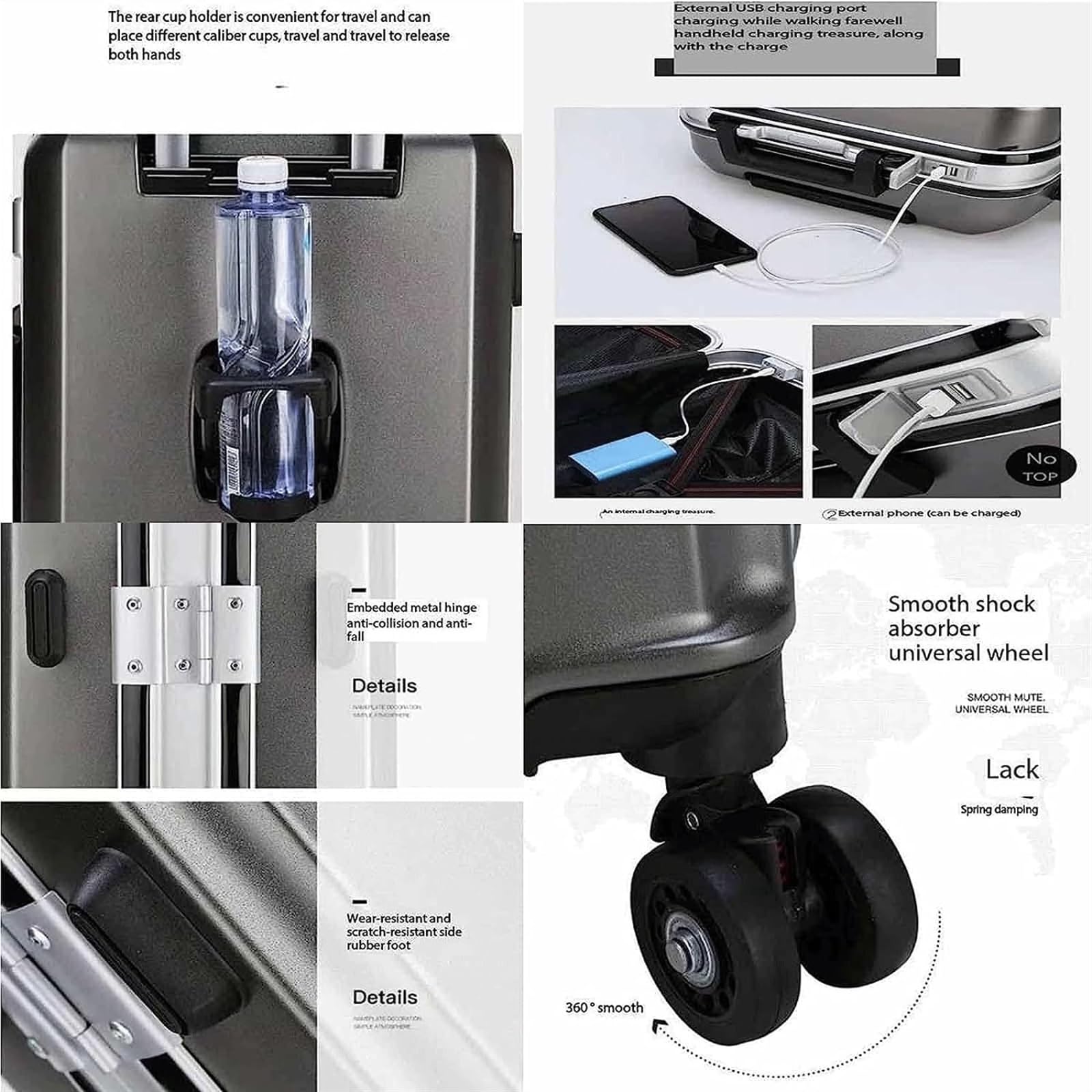 Valigia da Viaggio con Telaio in Alluminio, Doppia Fibbia, Password, Ricarica USB Esterna con Ruote (D, 26 Pollici)
