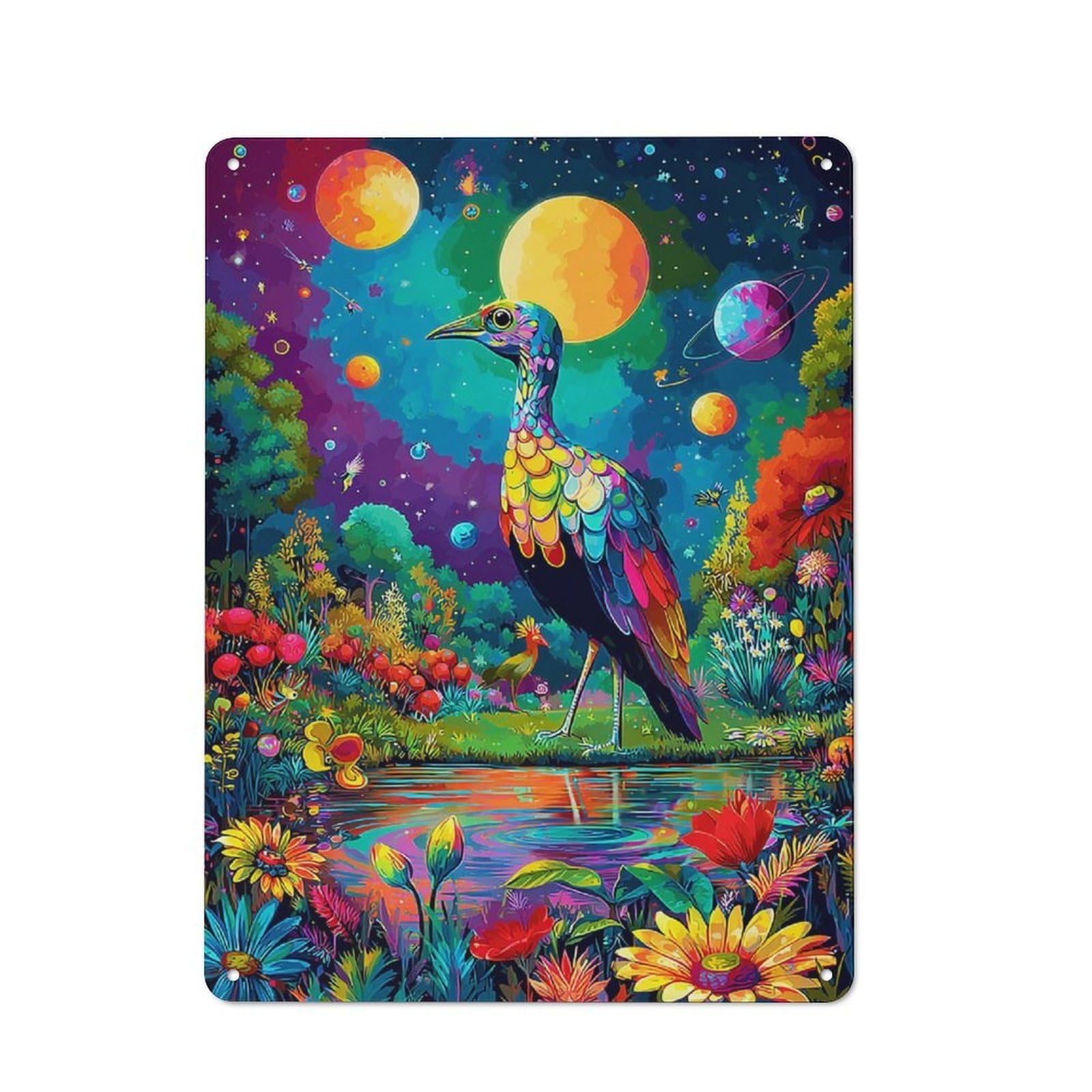 Junmoney Colorful Fantasy Bird Scene -2 Retro Tin Sign 40X30cm For Pub Or Café, For Collectors Building A Themed Wall Display