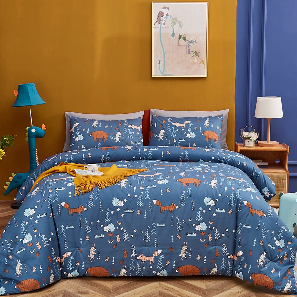 CLOTHKNOW Blue Queen Duvet Cover Set 3Pcs Animal Cartoon Bedding Sets Forest Bear Woodland Fox Bedding Queen Rabbit Comforter Cover with 2 x Pillow Cases