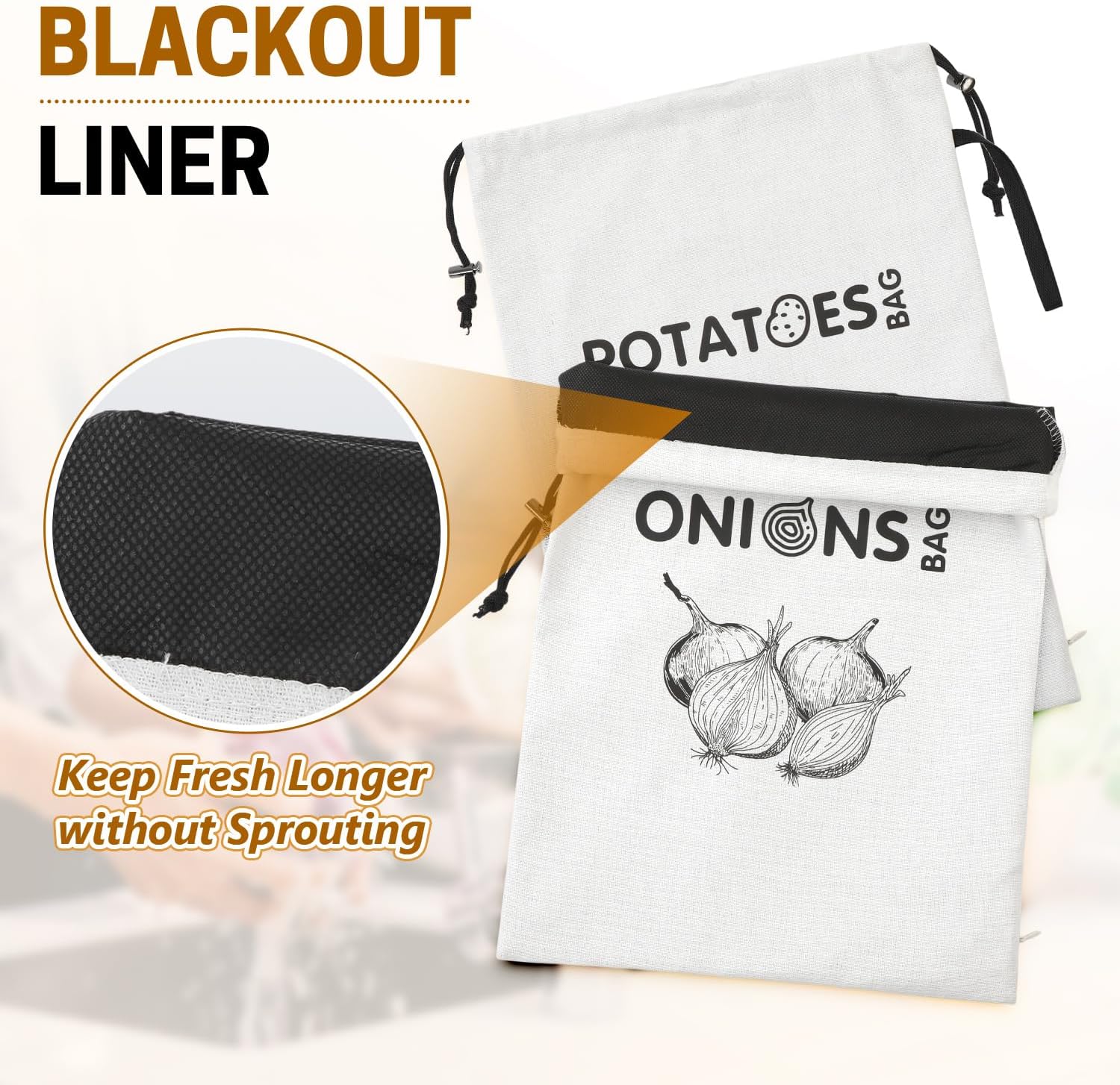 SWISSELITE Potato Onion Storage Bag, Washable Onions Potatoes Keeper | with Blackout Lining & Side Zipper, for Pantry & Kitchen, Vegetable Storage Bags for Potatoes, Onions, Garlic