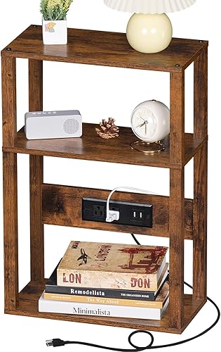 Miniatura 1 de Mesa auxiliar pequeña de madera estrecha de 3 niveles con estación de carga, mesita de noche delgada para espacios pequeños, mesita de noche delgada