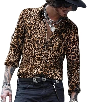 Mens Fashion Shirts Leopard Snakeskin Print Button Down T-Shirts Summer Long Sleeve Lapel Casual Cotton Shirt Tops