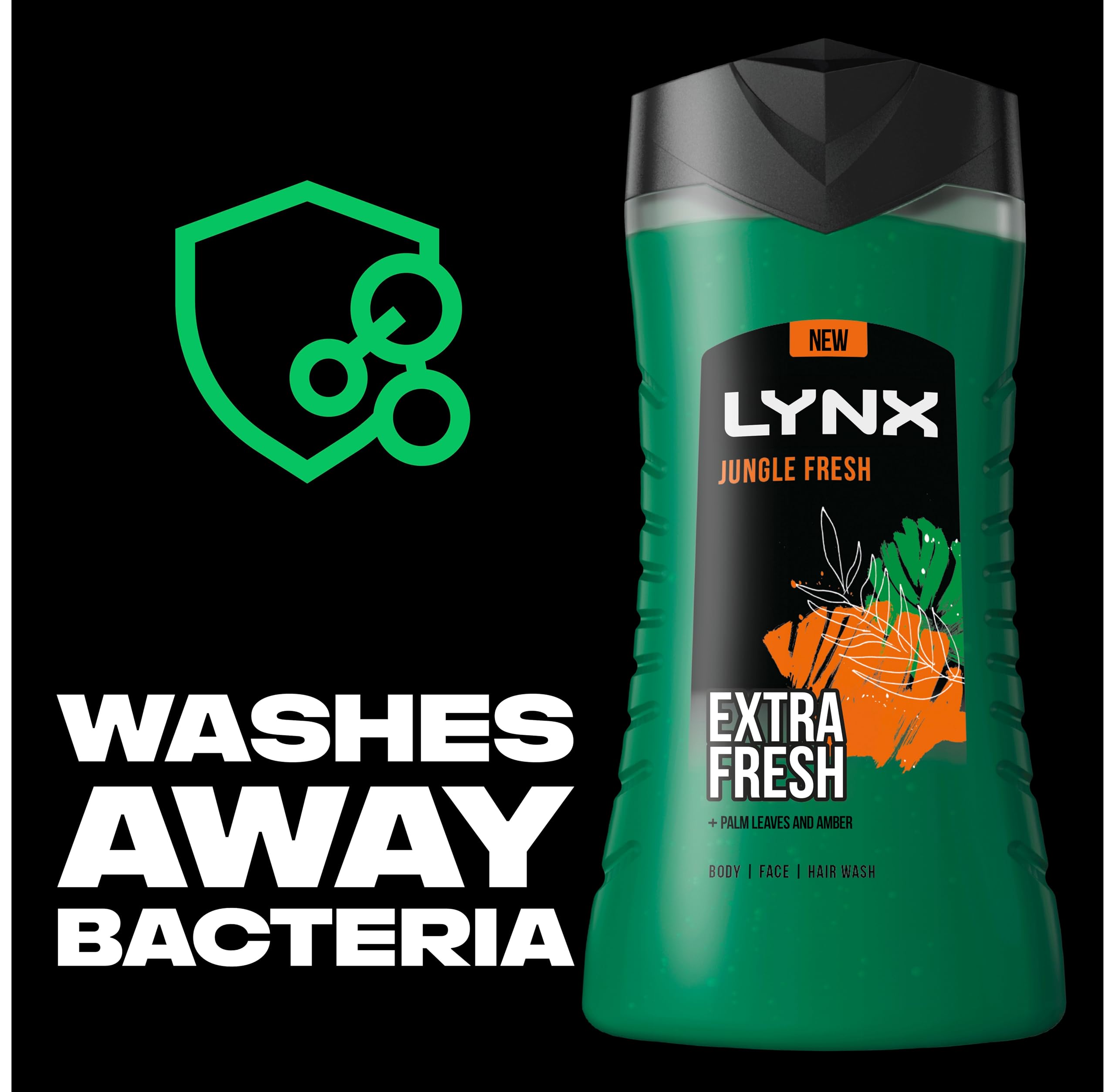 Lynx Jungle Fresh 3-in-1 Body Wash hair, face and body cleanser with a palm leaves & amber scent for a refreshing shower 6x 500 ml - Image 3
