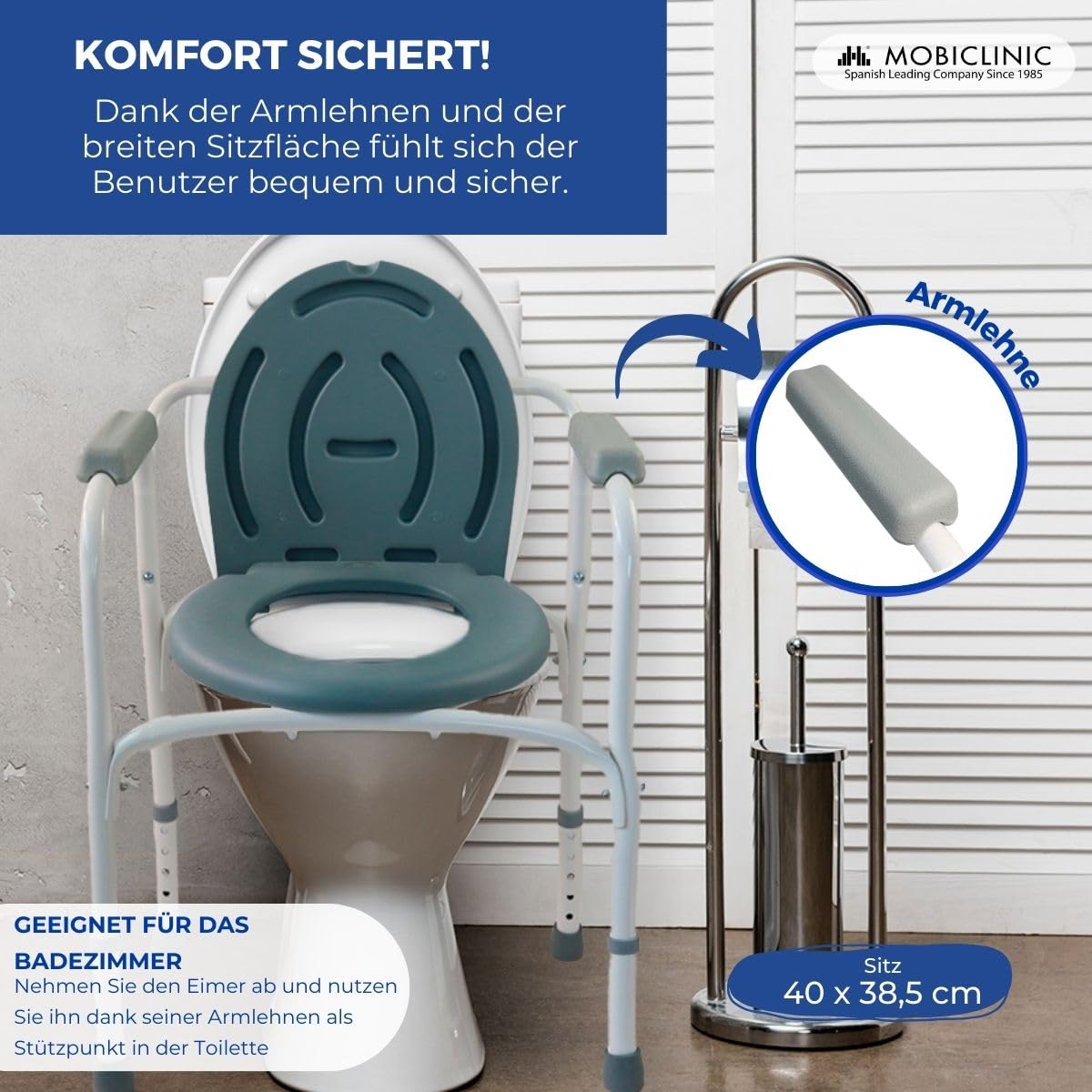 Mobiclinic®, Toilettenstuhl, Mit Deckel, Herausnehmbarer Eimer, Verstellbar in 5 höhen, Modell Arroyo, rutschfeste fußkappen, Armlehnen, Trägt bis zu 100 kg, Stuhl Toilette, Stahl