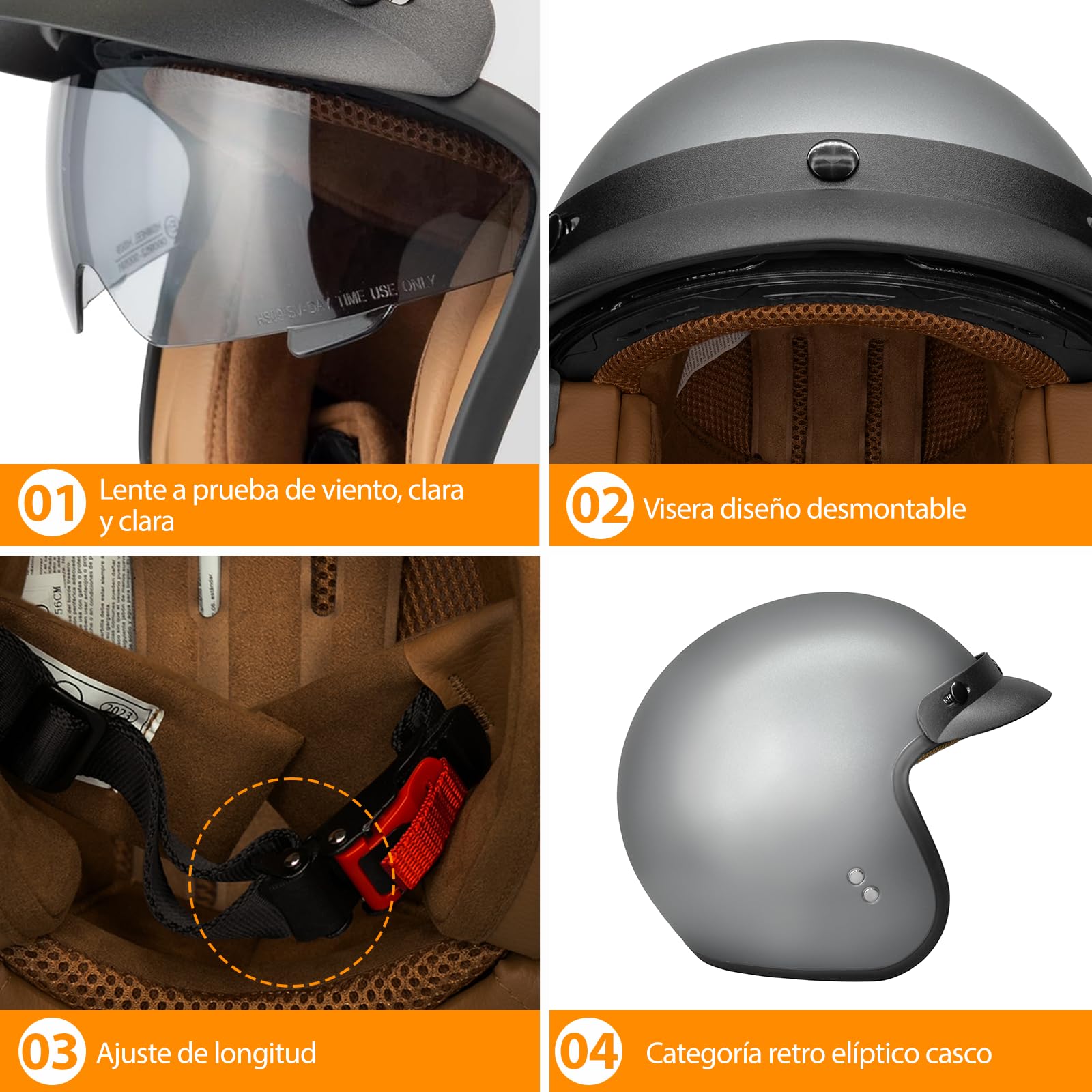 Casque Moto Jet ECE Homologué, Casque Femme Scooter Ouvert Adulte Vintage Visière, Casque Jet Ouvert Scooter (Matt Gray, S)
