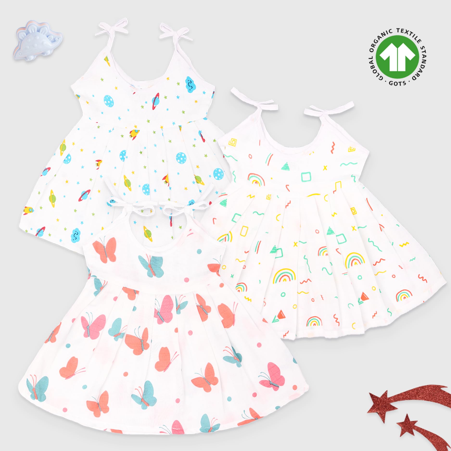 Kidbea 100% Muslin cloth frock for baby girls | Soft Mulmul Cotton Frock | Summer wear Frock | Comfortable Baby Products | Sleeveless Vest | New Born Baby | 3 to 6 Months Combo of 3 - Image 2 thumbnail