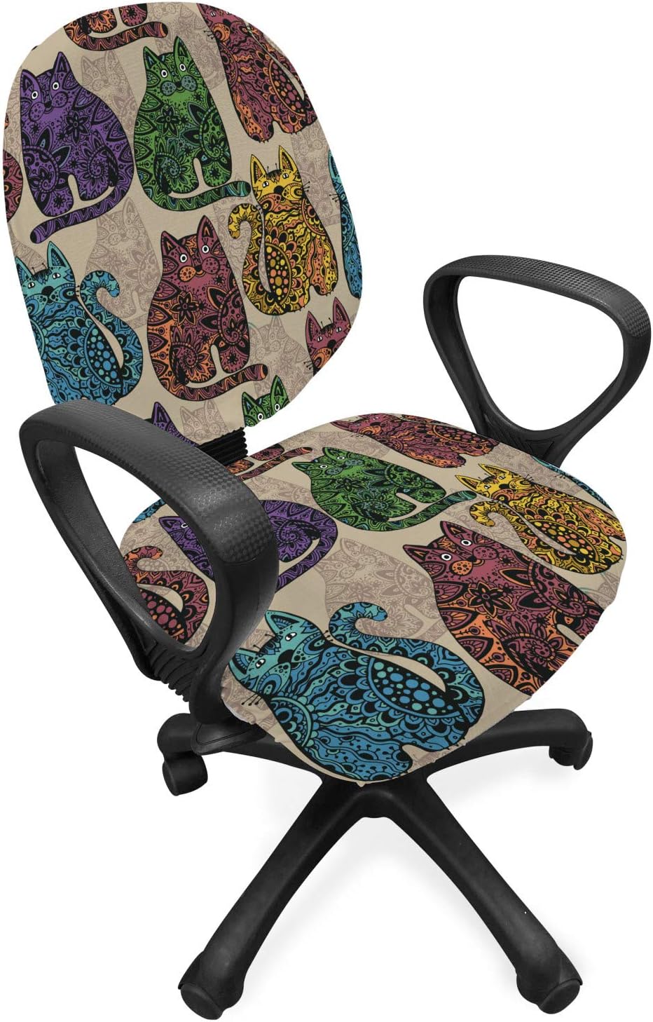 Ambesonne Tattoo Office Chair Slipcover, Colorful Vintage Cat Animal with Mandala Inspired Floral Motifs, Protective Stretch Decorative Fabric Cover, Multicolor