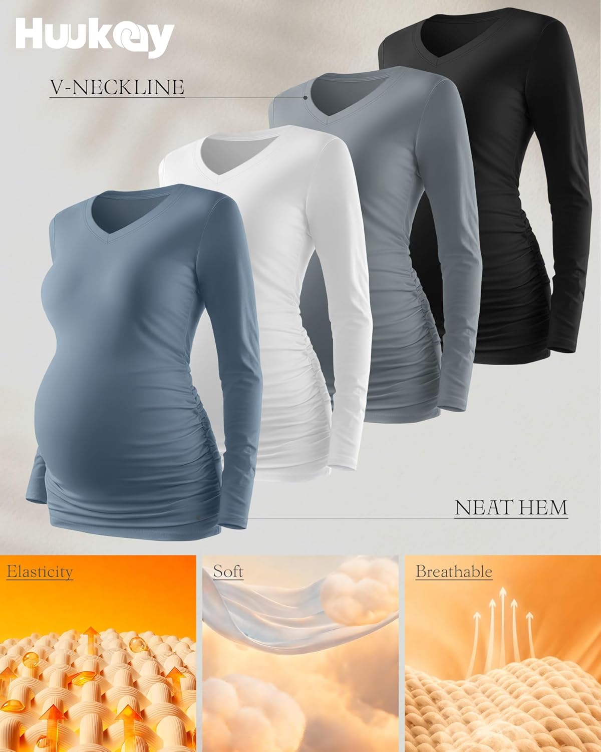 Huukeay 4 Pack Women's Maternity Shirts Long Sleeve V Neck Pregnancy Tops Side Ruched Casual Mama Clothes Basic Tunic T-Shirt - Image 3