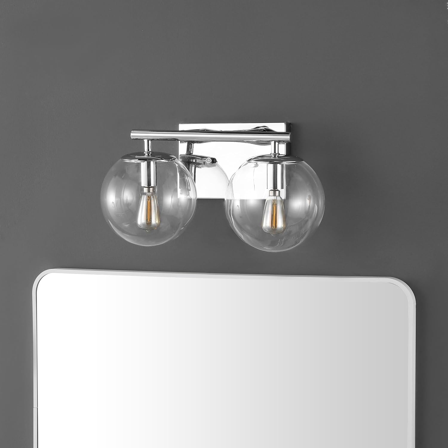 SAFAVIEH Lighting Collection Severa Chrome/Clear Glass Globe Shade 2-Light Wall Sconce Light Fixture, Ideal for Bathroom, Entryway, Vanity, Foyer, Hallway, Living Room (LED Bulb Included)