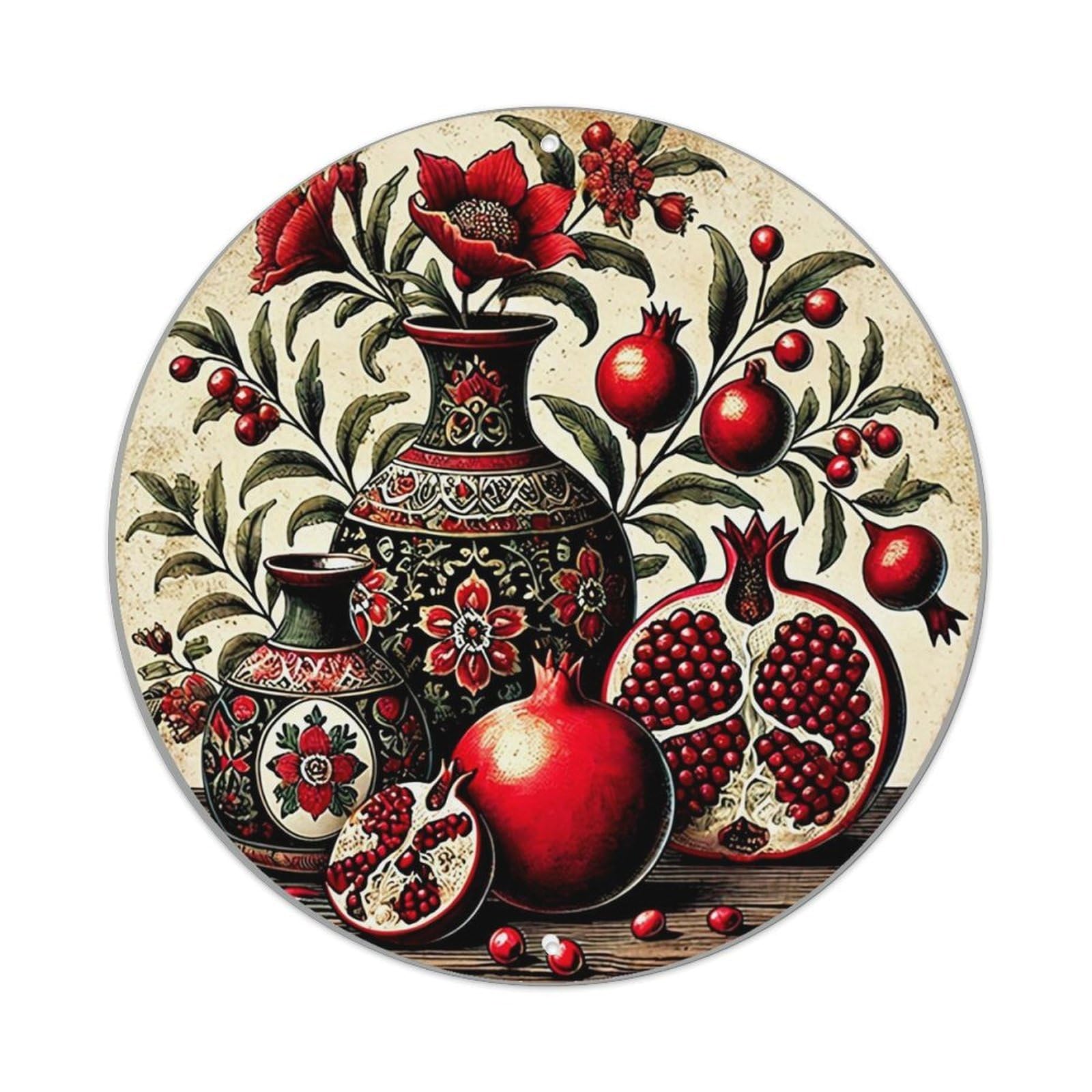 Floral Vase Pomegranate Pattern Art Round Metal Tin Sign Vintage Wall Decor, Bar Garage Cafe Kitchen Home Wall Art Poster 8x8inches