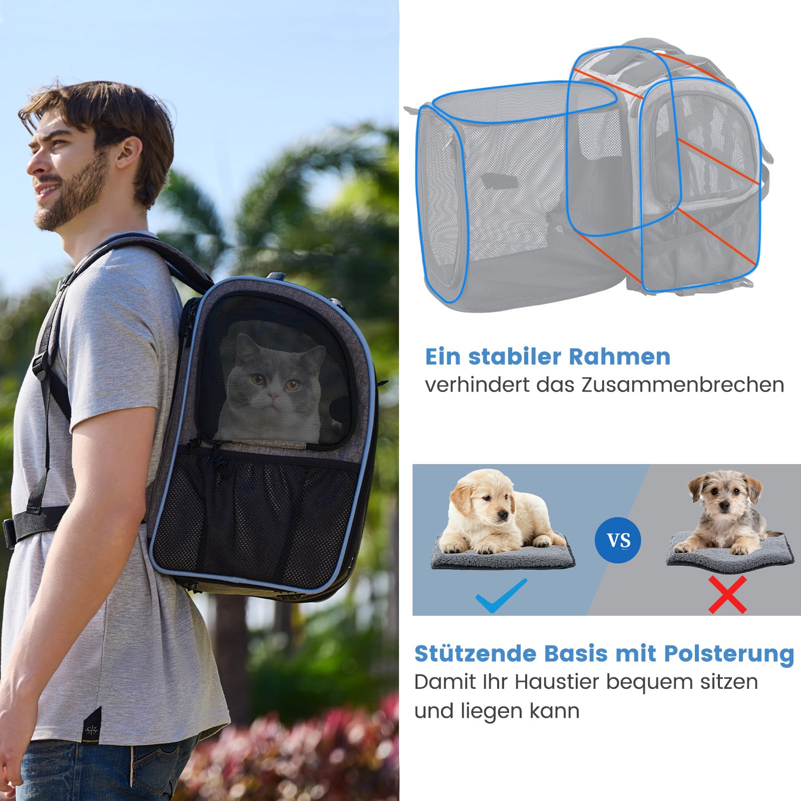 Katzenrucksack Hunderucksack für Katzen Hunde bis 6kg, Katzen Rucksack erweiterbar Hunde Rucksack Faltbare Haustier Rucksack, Grau