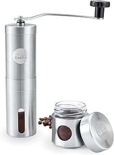 Hello Cucina Manual Coffee Grinder with Adjustable Settings – Conical Burr Mill - Brushed Stainless Steel Whole Bean Burr ...
