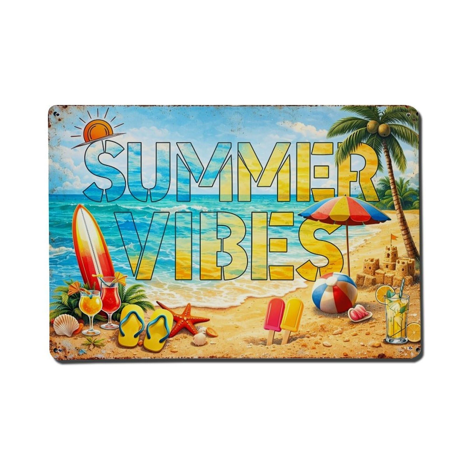 Summer Beach Vibes Pattern Print Vintage Tin Sign Retro Metal Wall Decor Metal Poster, Home Bar Garage Farmhouse Cafe Wall Art Decoration 8x12Inches