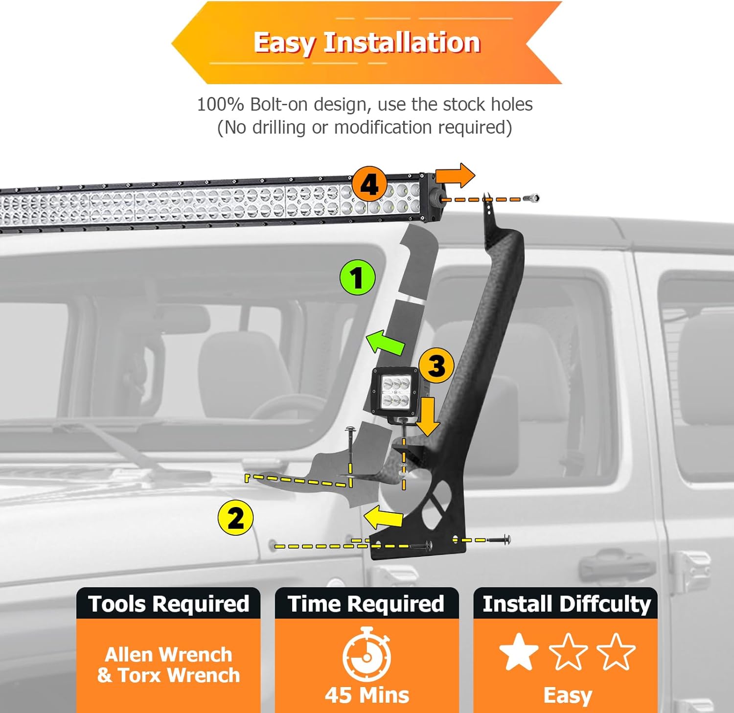 WeiSen 50 LED Straight Light Bar Brackets Windshield Roof A-Pillar Light Mounts Compatible with Jeep Wrangler JL/JLU Gladiator JT 2018-2023(Does not Fit Jeep Gladiator Mojave Model)