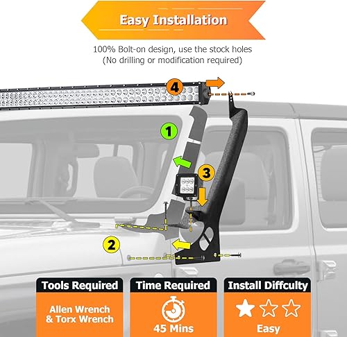 Miniatura 3 de WeiSen Soportes de barra de luz LED rectos de 50 pulgadas para techo de parabrisas compatibles con Jeep Wrangler JLJLU Gladiator JT 2018-2023 (no es