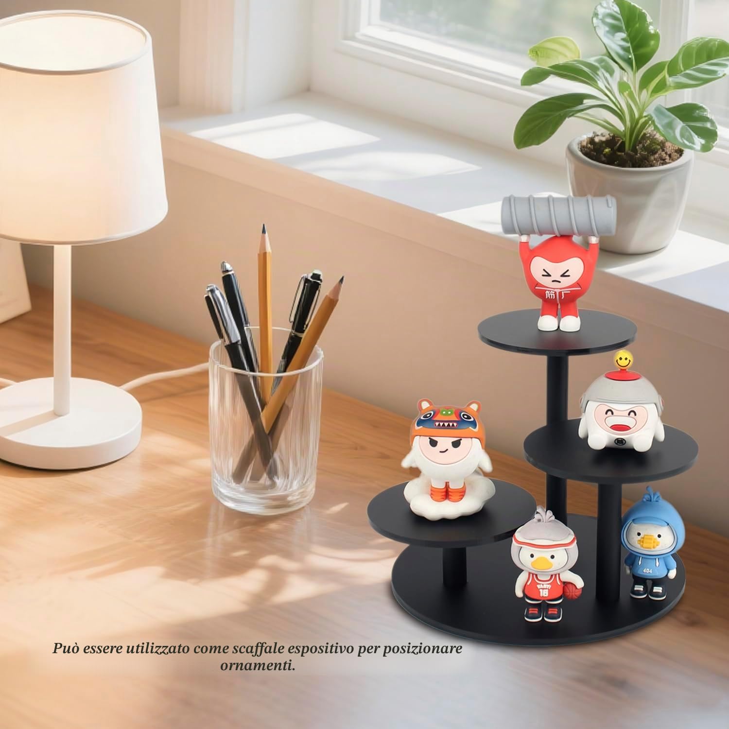 Espositore in acrilico smerigliato per statuette piccole esposizioni a piedi per piante grasse supporto figure a 3 livelli per decorazione 1 confezione (Nero)