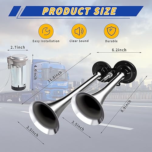 Miniatura 7 de Kit de bocina de aire de 12 V, bocina de tren súper fuerte para camión, bocina de aire doble con compresor para vehículos de 12 V, camiones