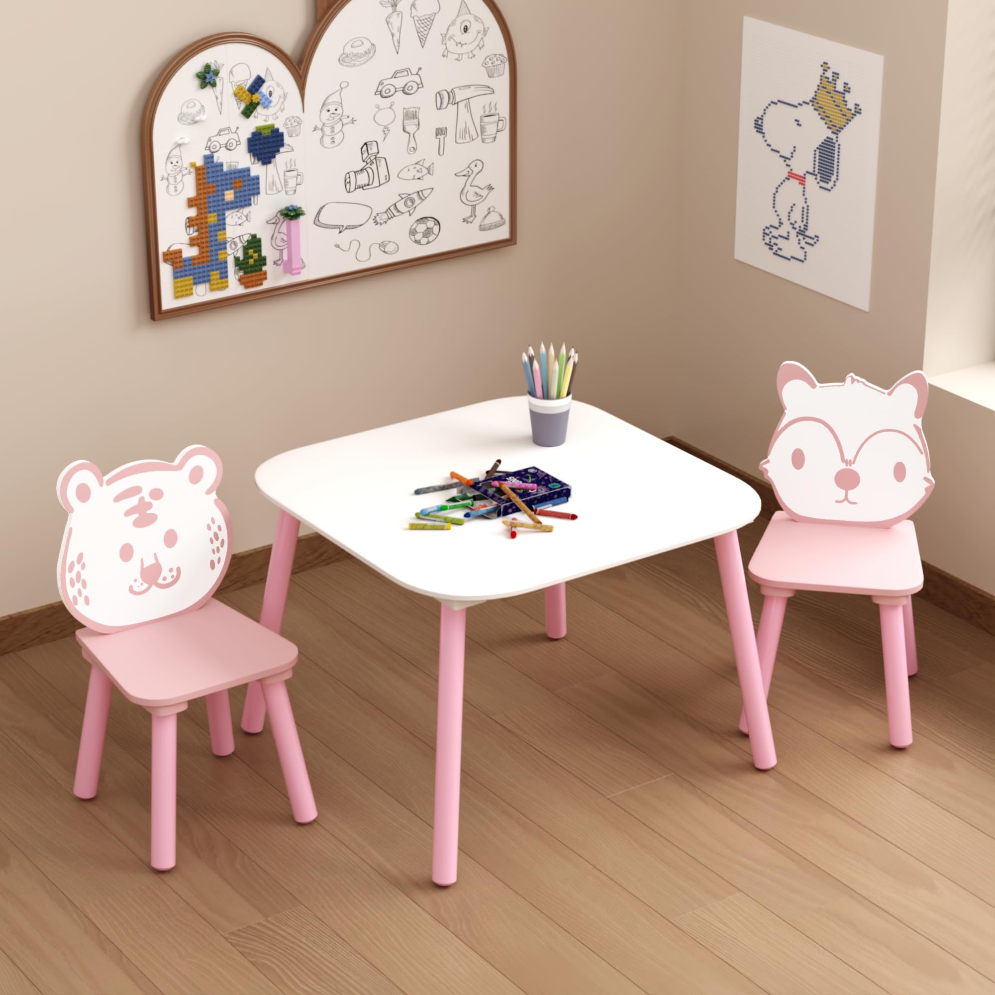 Wood Table &amp; Chairs 3 Pieces Set, Boys Girls Activity Table w/ 2 Animal Shaped Chairs, Solid Wood Legs, Safe Rounded Corners, Playroom Furniture for Boys &amp; Girls Activity Dining Drawing Craft.