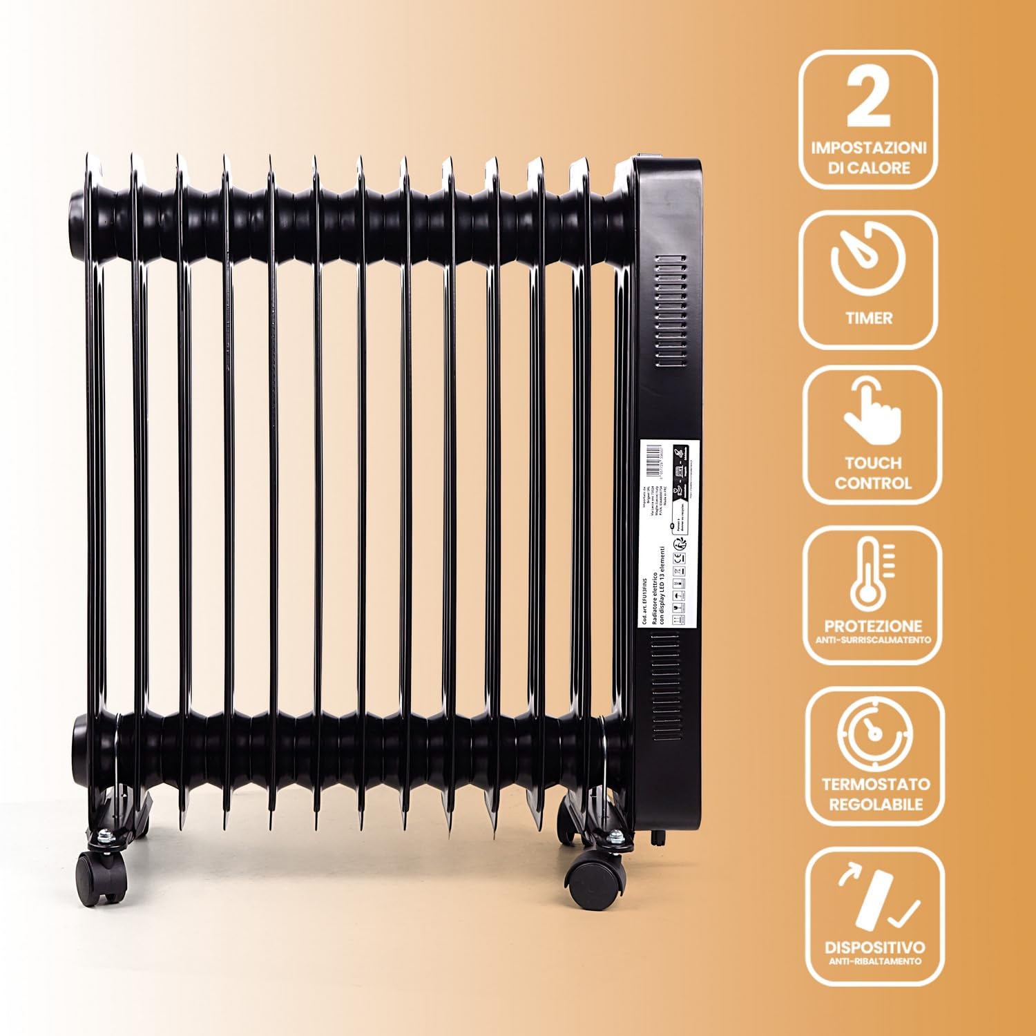 White - Radiatore Elettrico Ad Olio 13 Elementi. Stufa Elettrica A 240v. Telecomando Incluso, Funzione Touch. Display Led Luminoso. Calorifero Elettrico Con Ruote