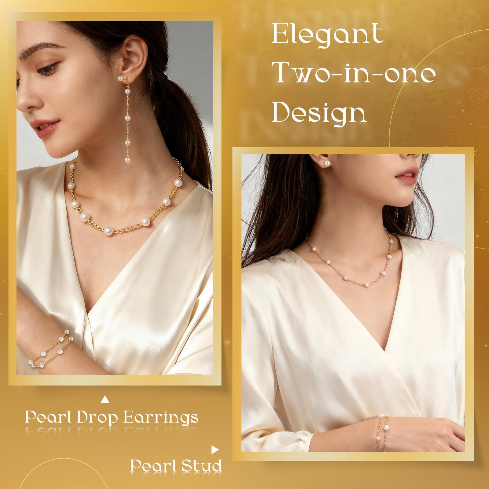 Gold Jewelry Set for Women Pearl Necklaces Pearl Bracelets Dainty Drop Earrings Gift for Wedding Bride Bridesmaids Christmas Valentine's Day Jewelry Boho Prom Accessories