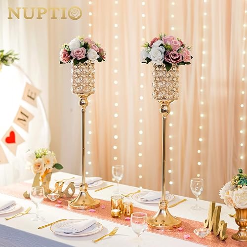 Miniatura 2 de NUPTIO Jarrones de boda centros de mesa para mesas, 10 piezas de 32.9 pulgadas de alto, jarrón dorado para flores, soporte de flores de cristal,
