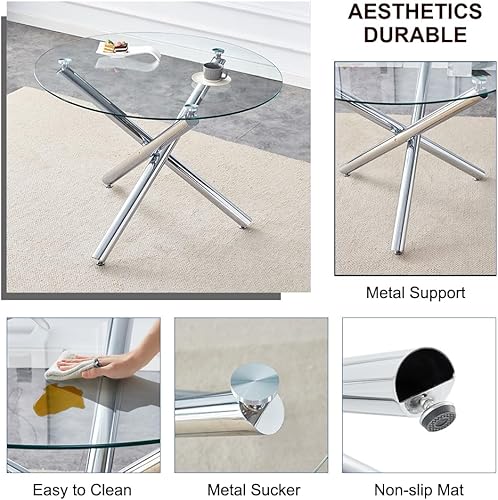 Miniatura 56 de Mesa redonda de comedor de vidrio para 2 a 4, moderna mesa superior de vidrio templado, patas cromadas resistentes, almohadillas ajustables, mesa de