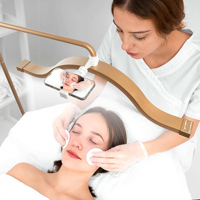 FOSOTO FOSOTO Cloud Half Moon Light 45W Multifunctional Aluminum Alloy LED 3200k-5600k Dimmable Adjustable Floor Lamp with Phone Holder for Eyelash Extensions,Manicure,Makeup,Hair Salon (Gold) photo 3