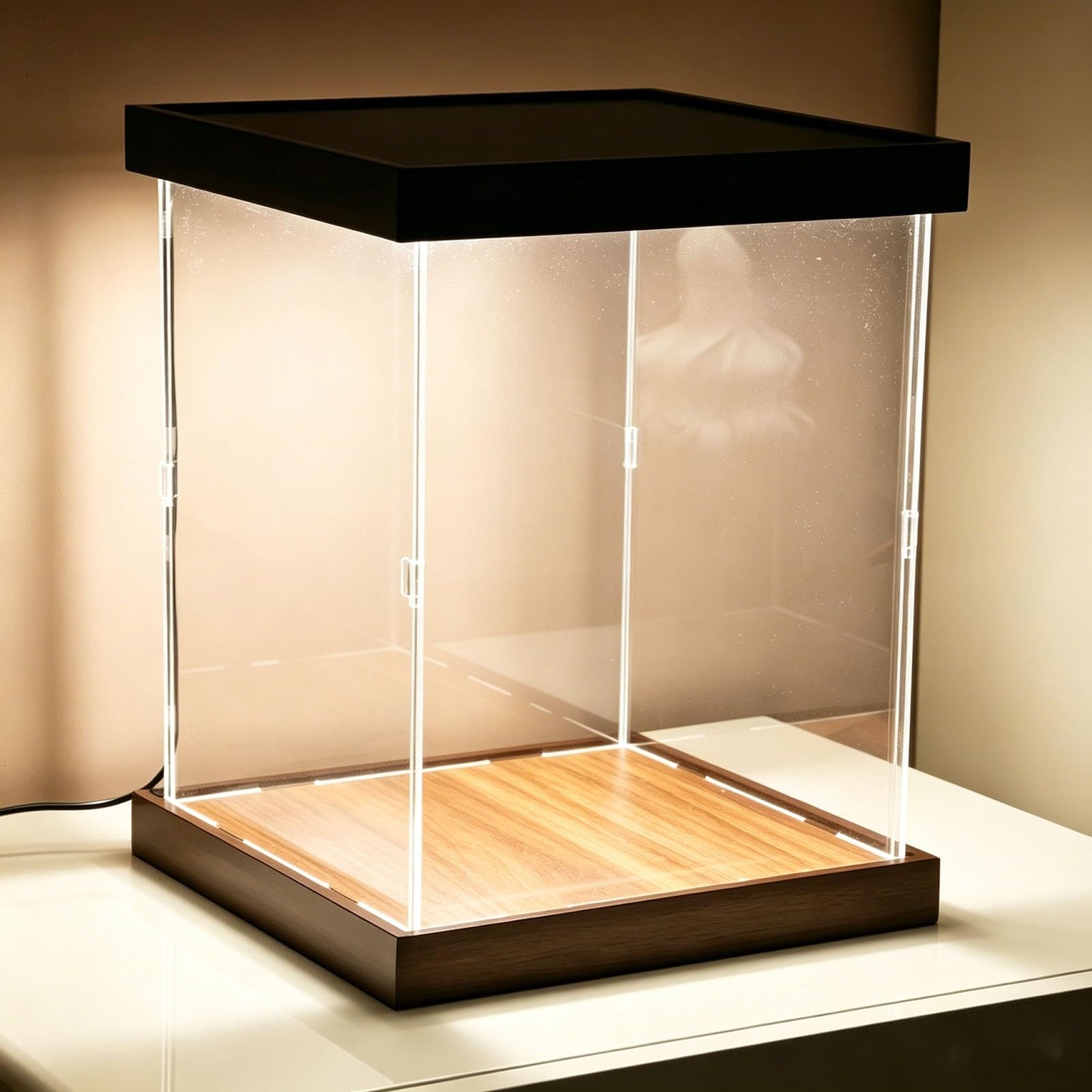 Light Up Clear Acrylic Case Alternative Glass Case, Extra Large Rectangle Cube Showcase, Transparent Tabletop Countertop Organizer Bin(Wood,40x40x50cm(16x16x20in))