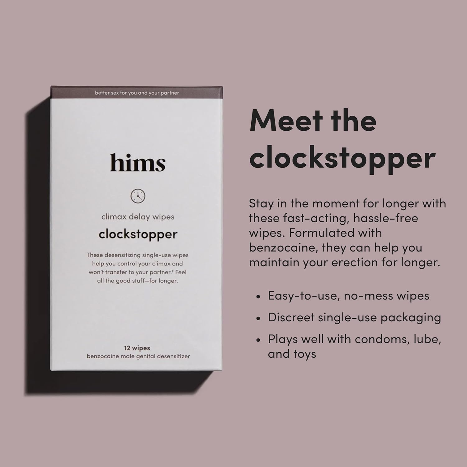 HIMS Clockstopper Climax Delay Wipes - Benzocaine Desensitizing Formula - Fast-Acting Climax Solution for Men - Fragrance-Free & Mess-Free - Individually Wrapped, 12 Pack