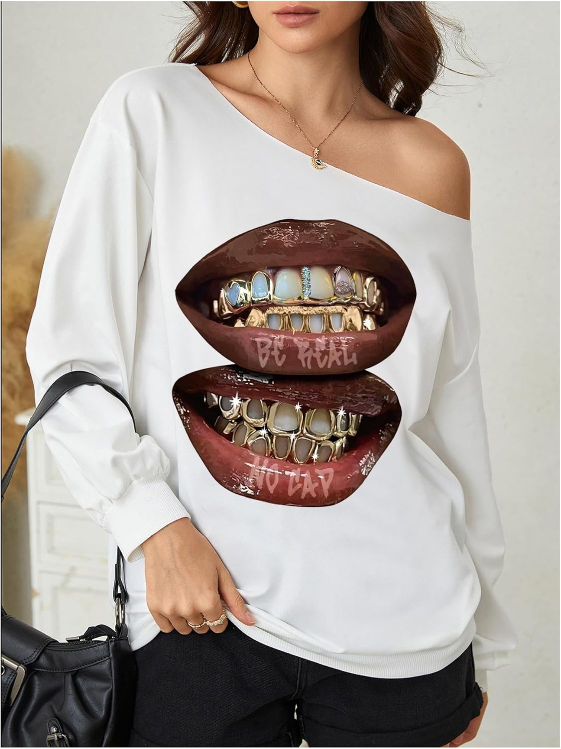Verdusa Women's Hip Hop Lip Print Off The Shoulder Sweatshirt Streetwear Pullover Tops - Image 3