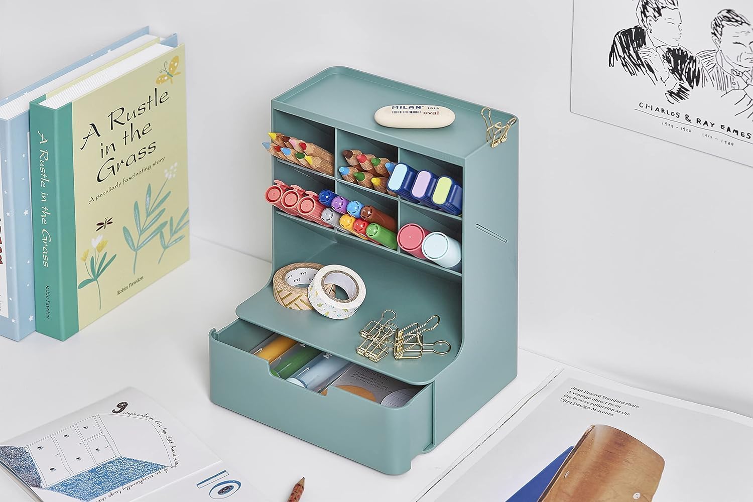 Organizer da scrivania con cassetto, portapenne, portapenne per scrivania, contenitore per cancelleria, organizer da tavolo multiscomparto, accessori da scrivania per ufficio, arte e