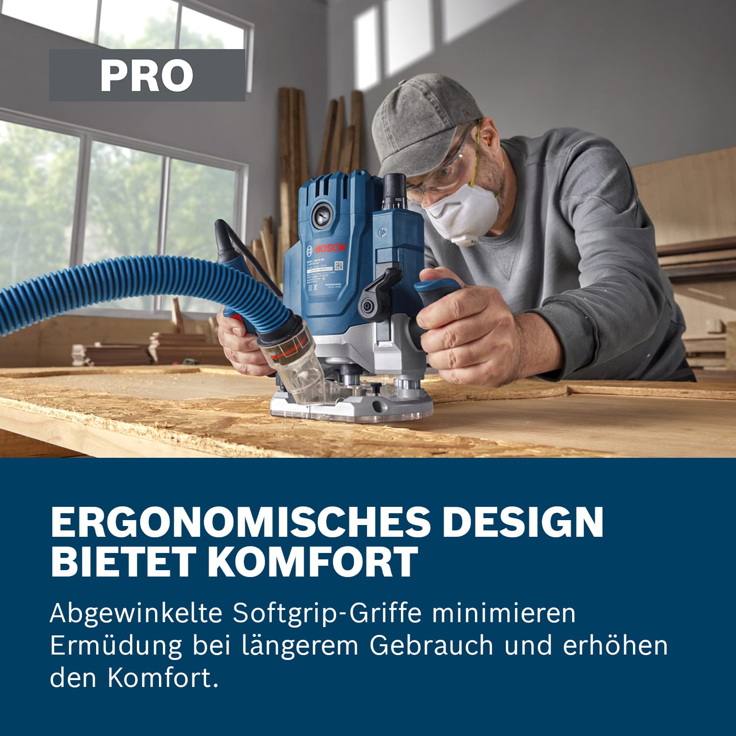 Bosch Professional kabelgebundene Oberfräse GOF 20-12 (2000W, inkl. Staubabsaugung, Rollenführung und Parallelanschlag, Zentrierstift, Steckschlüssel, Spannzangen-Set 12 mm, 8mm, 1x Kopierhülse)