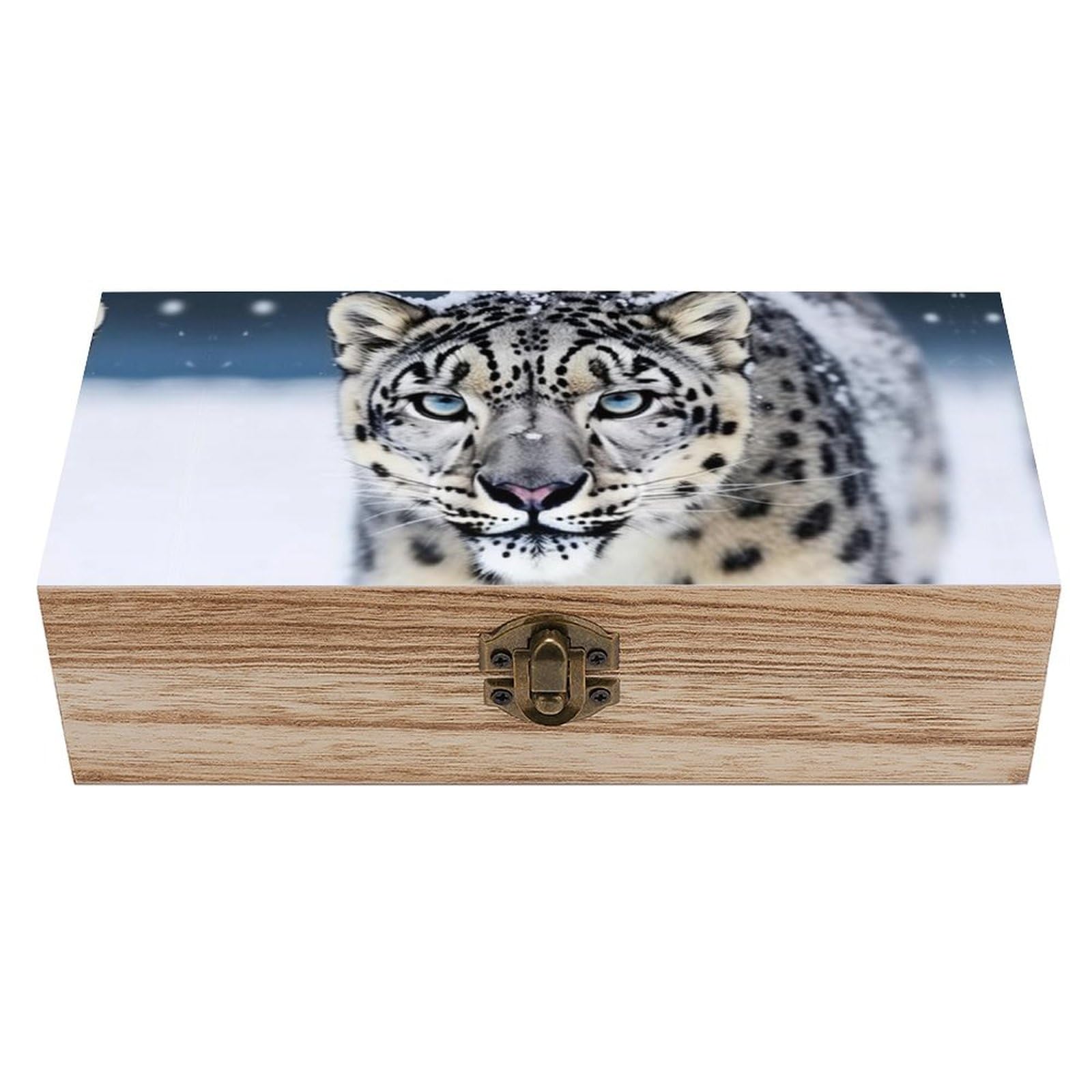 NTVOWPZO Wooden Storage Box Blue Eyed Snow Leopard Wood Gift Box with Hinged Lid Vintage Decorative Boxes Jewelry Memory Box for Jewelry Art Hobbies Home Storage Treasure Keepsake Gift