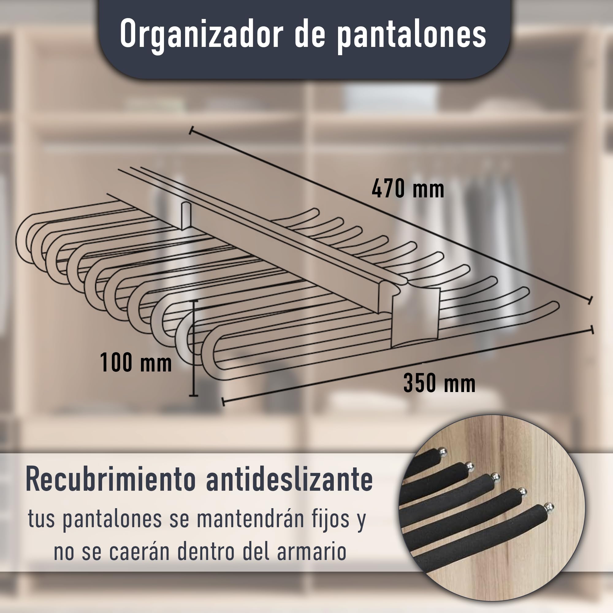 AZERODESIGN- Pantalonero Extraible para Armario - Organizador Pantalones- Pantalonero Doble Antideslizante- 11 Perchas Pantalones- Profundidad 47 cm, Ancho 35 cm, Altura 10 cm