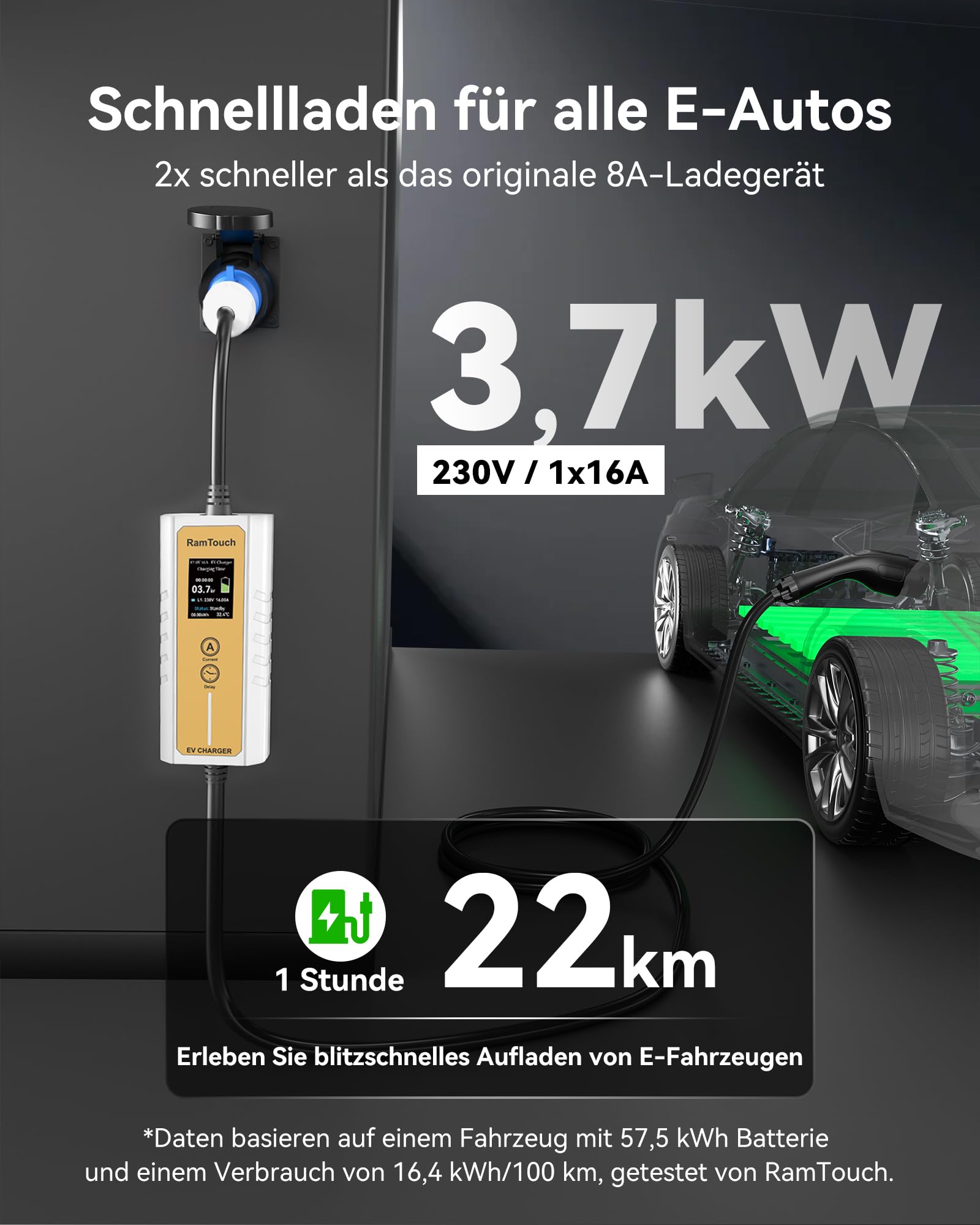 Elektrisches Kfz-Ladegerät (3,7 kW, 10,5 m, Typ 2, CEE P17 16 A) – Ladekabel mit Einstellbarer Ampere 6A-16A, verzögerte und programmierte Ladung, Mobile Ladestation für EV und PHV