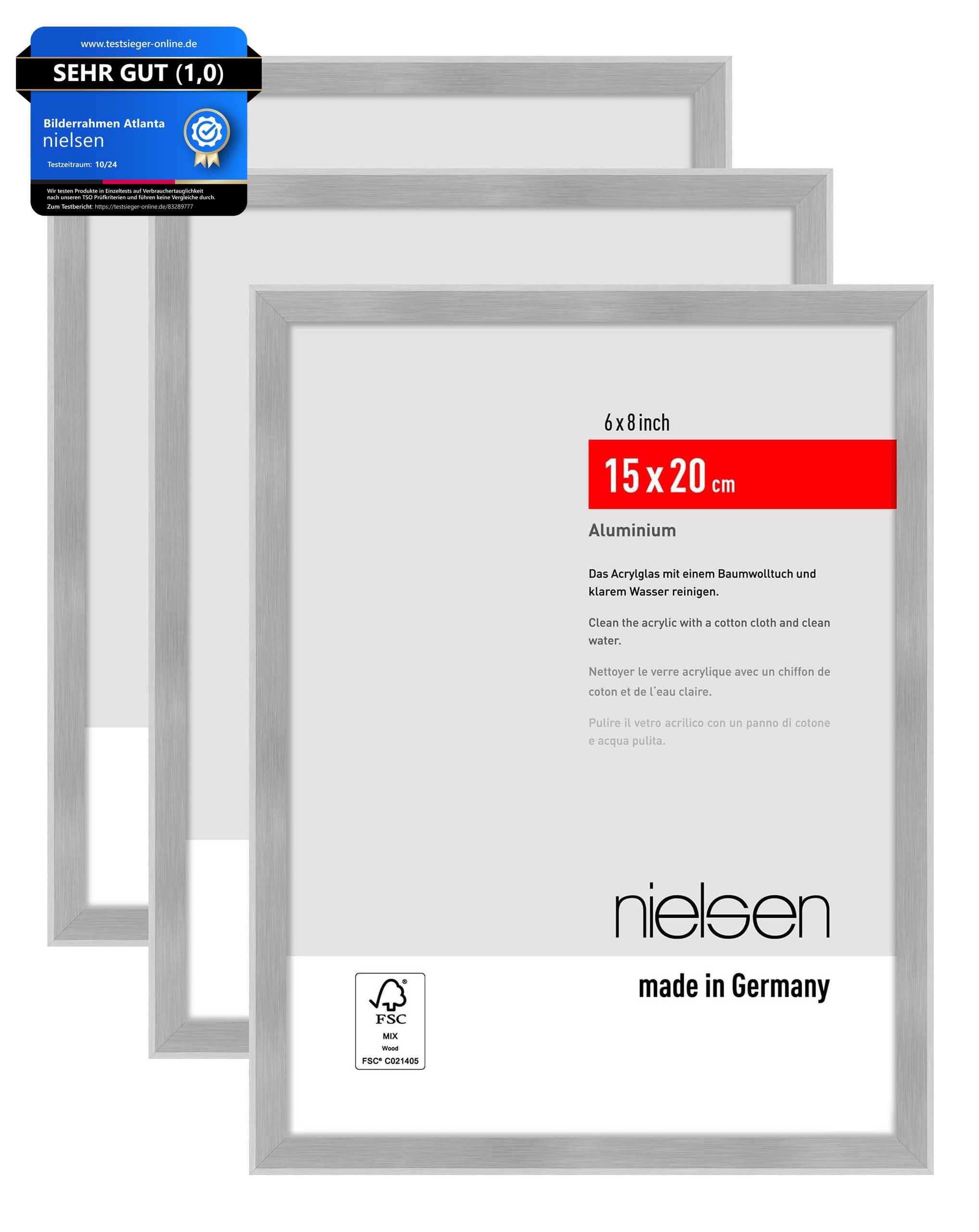nielsen Bilderrahmen, 15 x 20 cm (3er Set), Aluminium, Silber matt, Fotorahmen zum Auftstellen im Hoch- & Querformat, bruchsicheres Kunstglas, Atlanta