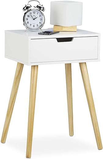 Relaxdays Nachttisch, modernes & skandinavisches Design, 1 Schublade, für Boxspringbett, HBT 60x40x30cm, weiß/Natur, MDF