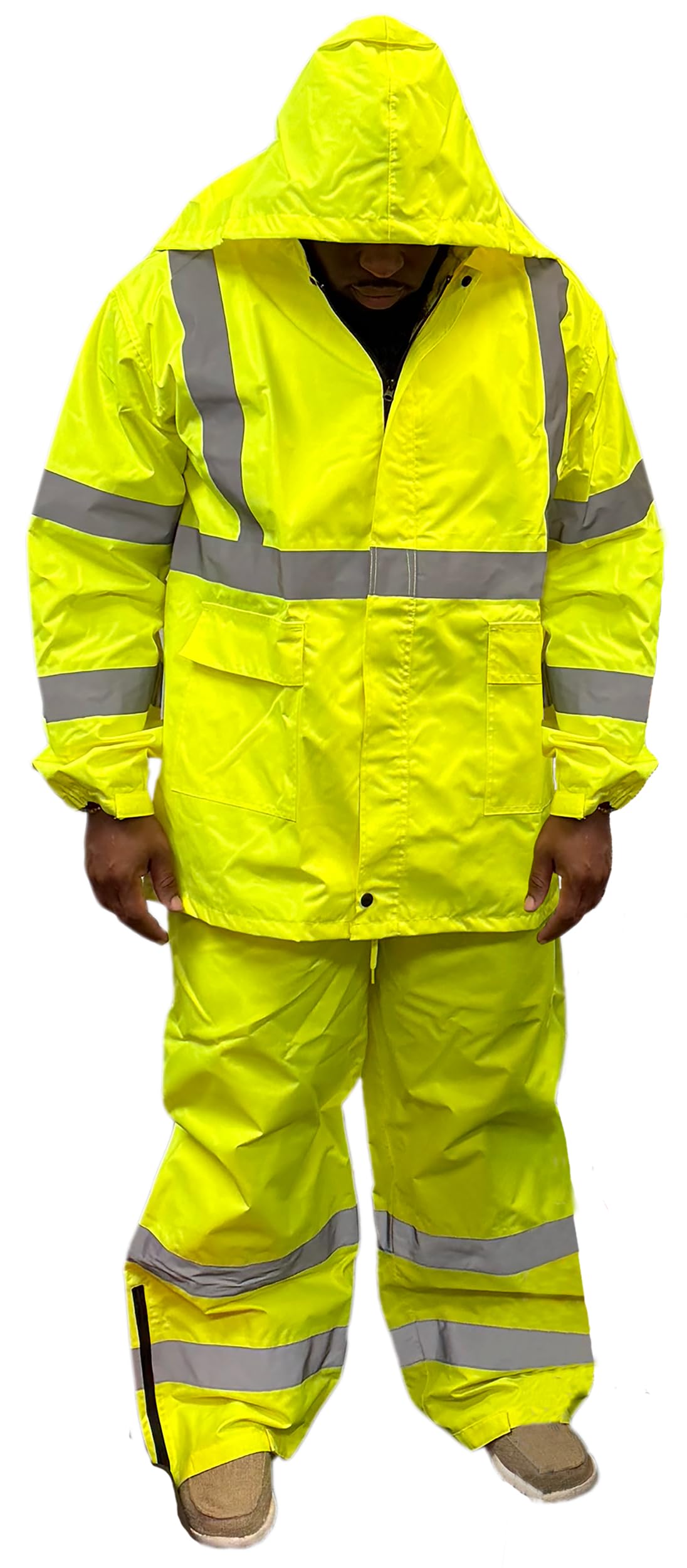 OrangeGear High Visibility Hooded Class 3 Reflective Heavy Duty Lime Waterproof Safety Rain Jacket & Pant Suit (4X-Large)