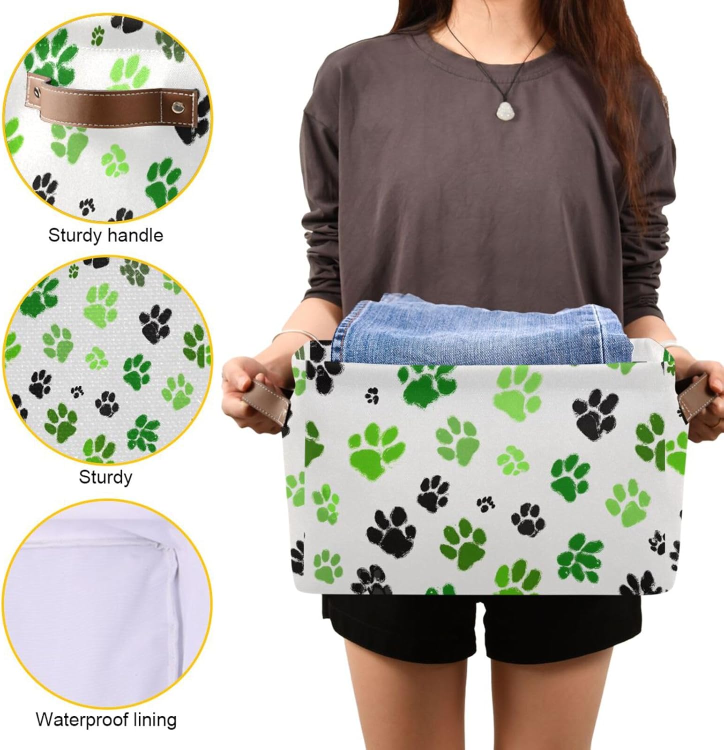OTVEE Canvas Bins for Closet Shelves Organizing Green Black Dog Cat Paws Storage Basket Baby Clothes Organizers Storage Box Nursery Bins Gift Baskets 2 Pack