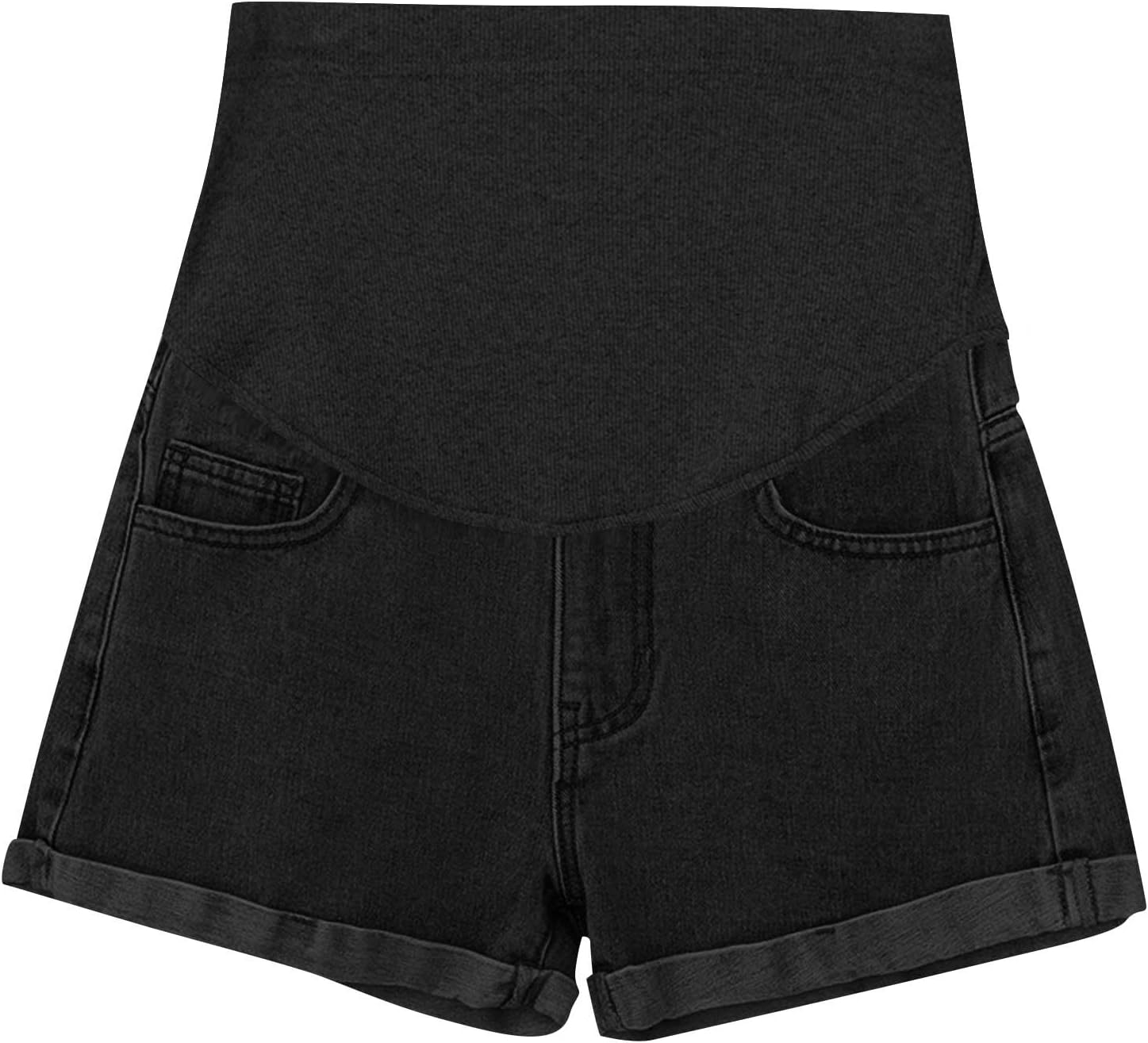 Women's Denim Shorts Loose Fit Maternity Under Belly Low Panel Cuffed | Summer Rolled Hem Stretch Jean Shorts Pregnancy Bottoms