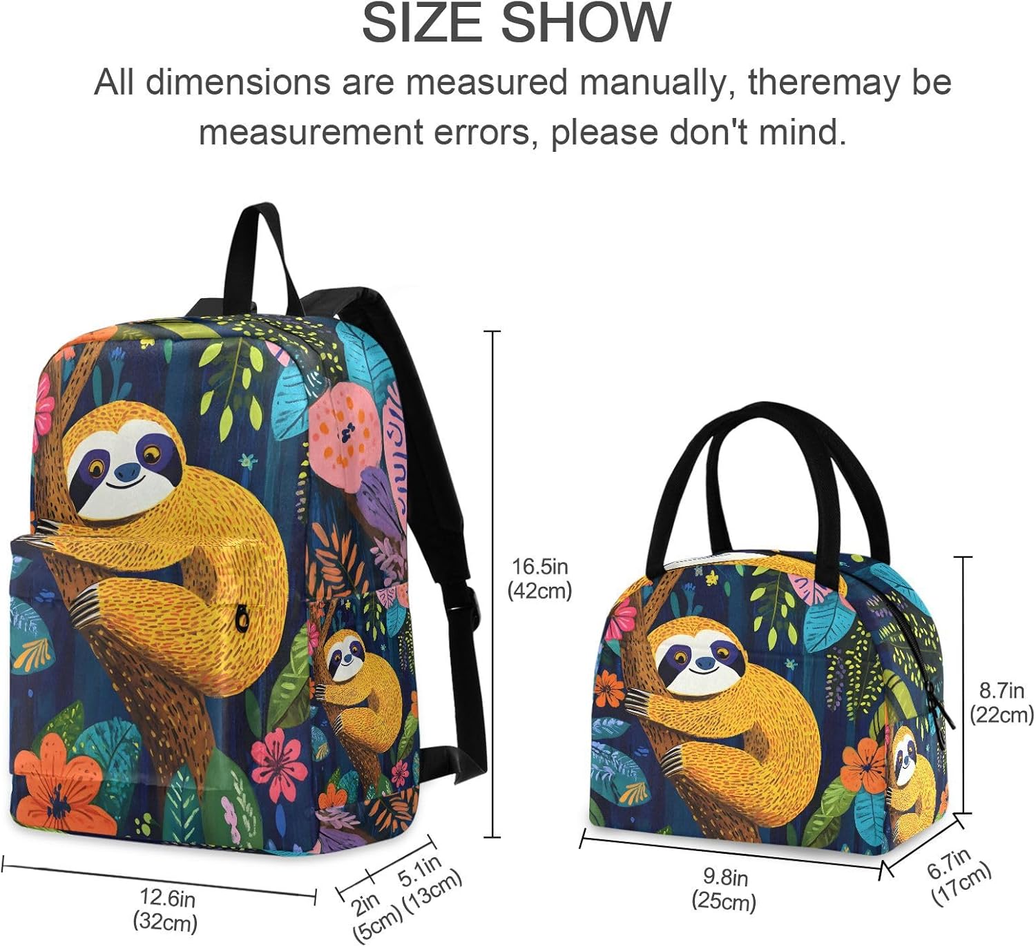 Sloth Kids Backpack Set with Lunch Bag for Girls Boys School Kids Lightweight Daypack Bookbag and Lunchbox Bag Set