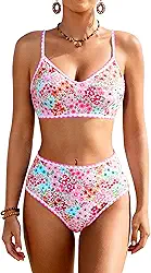 Conjunto de biquíni de cintura alta para mulheres, roupa de banho com controle de barriga, roupa de banho modesta, floral, para adolescentes