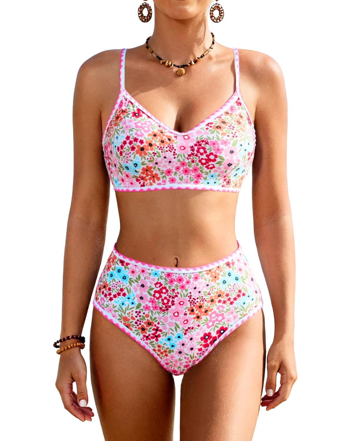 Jolefille High Waisted Bikini Sets for Women Tummy Control Swimsuit Two Piece Bathing Suit Modest Swimwear Cute Floral