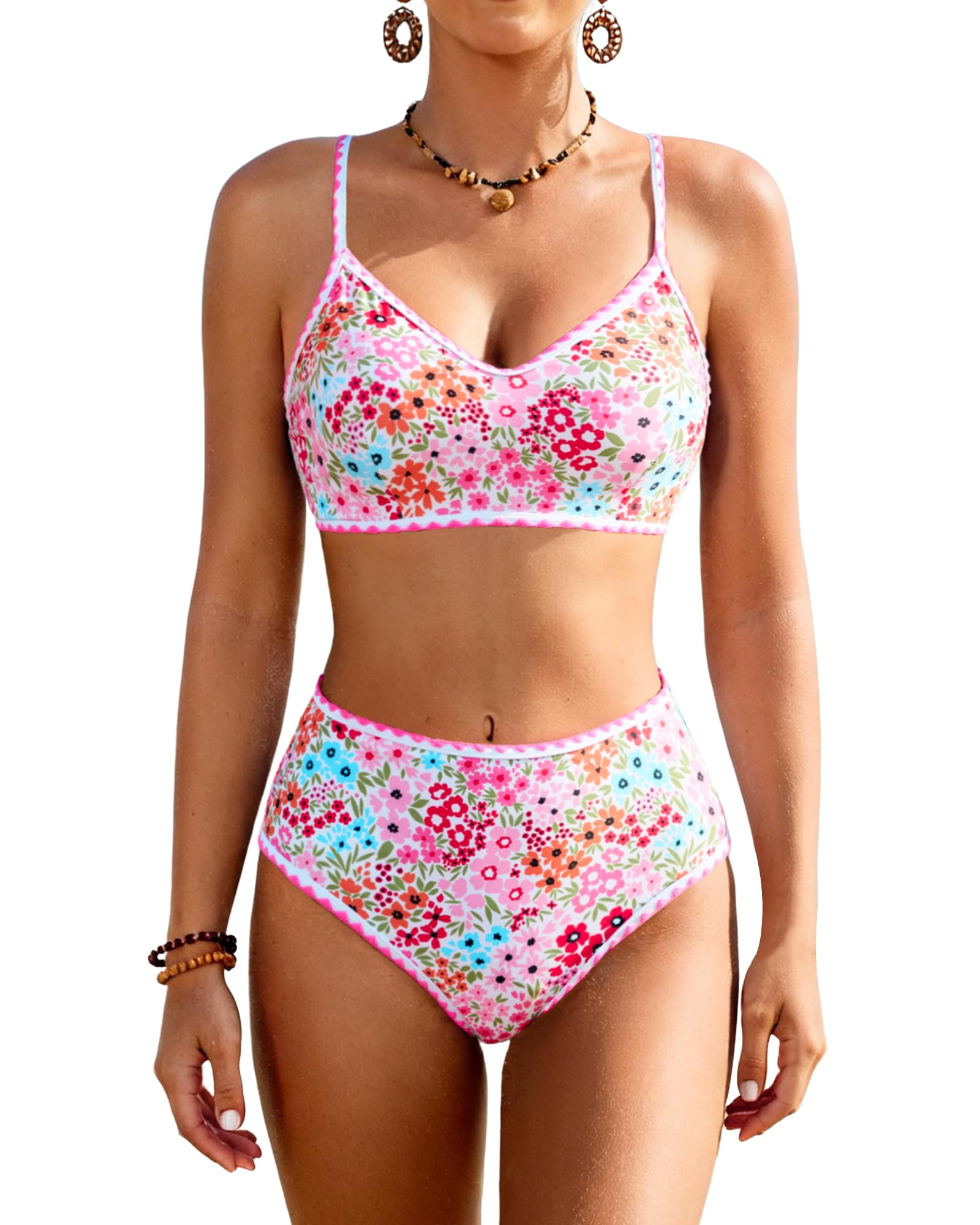 Jolefille High Waisted Bikini Sets for Women Tummy Control Swimsuit Two Piece Bathing Suit Modest Swimwear Cute Floral