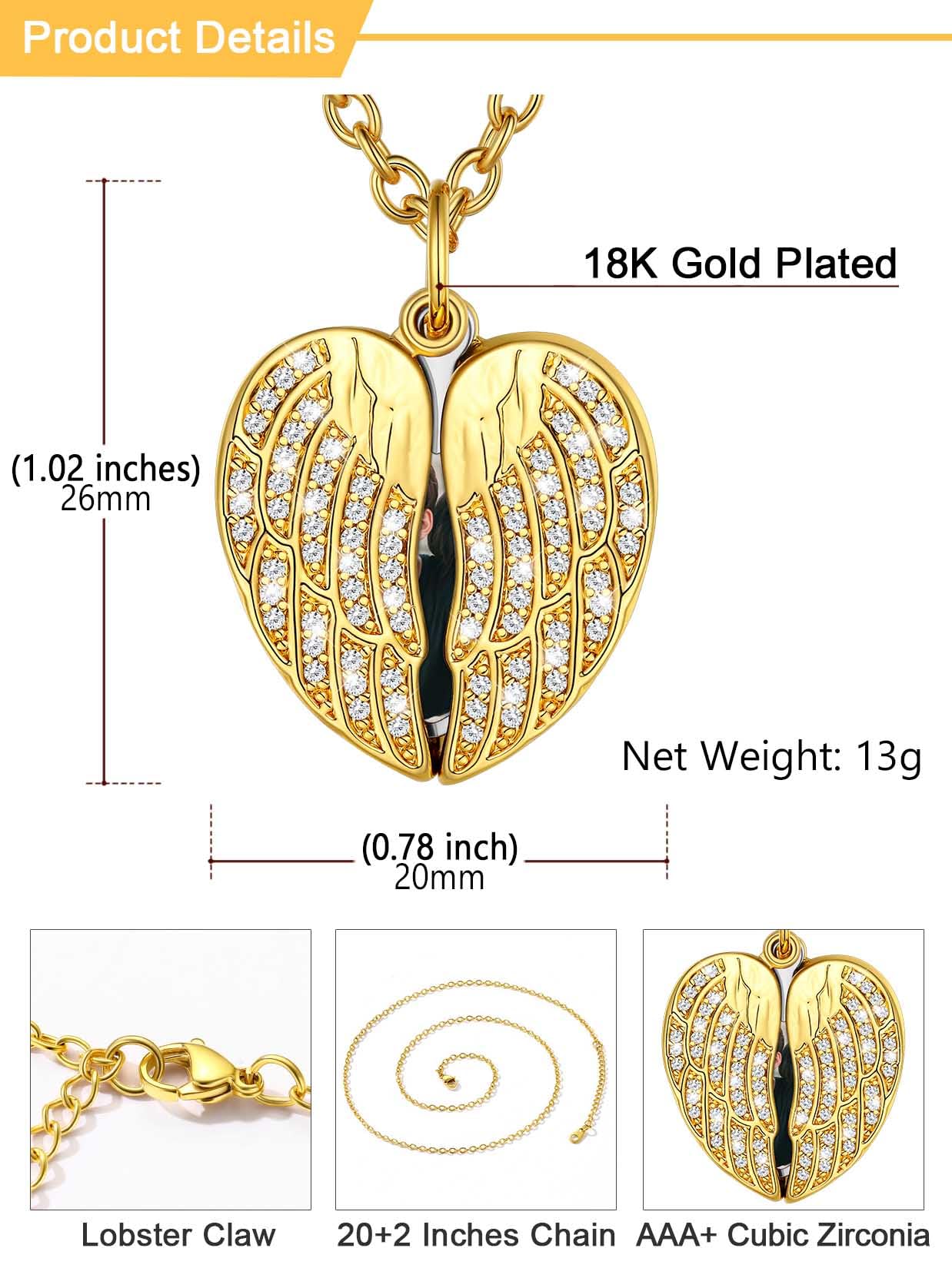 U7 Collana da Donna con Ciondolo Cuore Ali Apribile Personalizzata con Foto in Acciaio Inossidabile 316L Ciondolo Portafoto con Catena 51cm+5cm Regalo per Donna Mamma Compleanno Natale