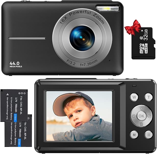Digital Camera, Kids Camera with 32GB Card FHD 1080P 44MP Vlogging Camera with LCD Screen 16X Zoom Compact Portable Mini Rechargeable Camera Gifts for Students Teens Adults Girls Boys-Black