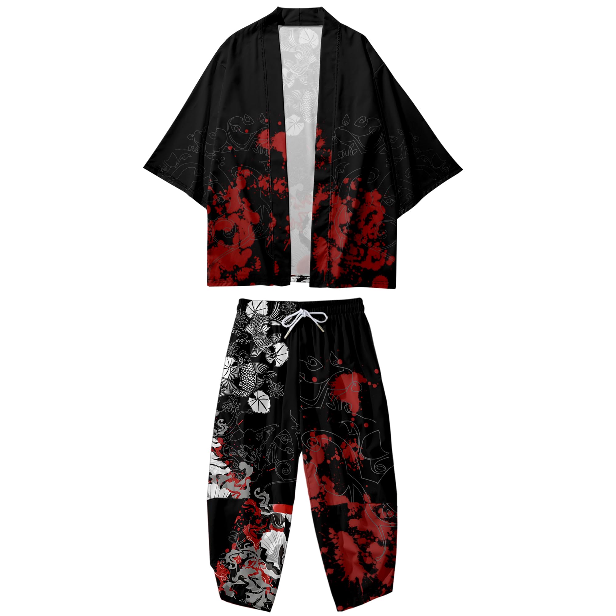 Doslavida - Set cardigan kimono giapponese da uomo, stile cinese, stampato, giacca e pantaloni, aperto sul davanti, a sette maniche