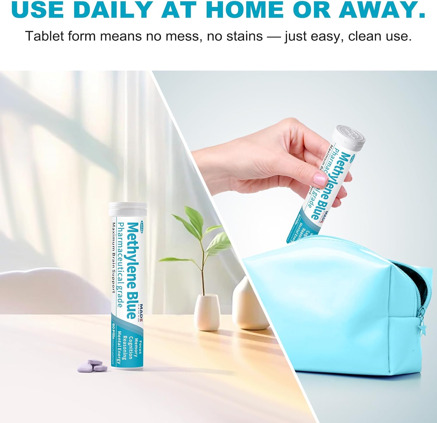 Methylene Blue Pharmaceutical Grade, Nootropic Supplement for Brain Support – Cognitive Function, Focus & Clarity – with L-Theanine & Vitamin C – Lab Tested, No Formaldehyde, 80 Pills - Image 5